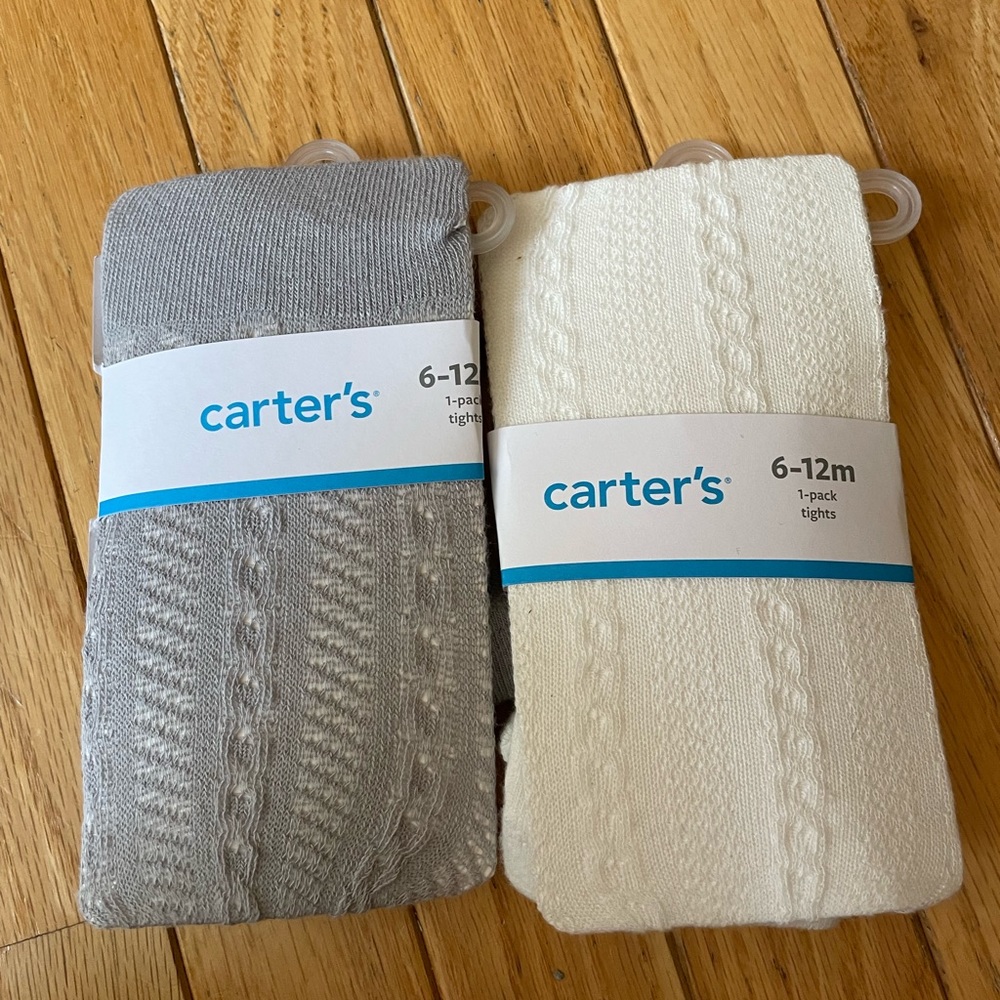 NWT Carters baby girls tights bundle. 6-12 month 2 packs white and gray.
